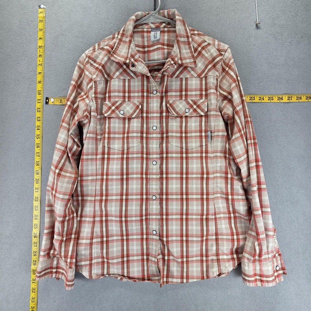 Stio Shirt Womens Large Red Beige Plaid Flannel Western Pearl Snap Long Sleeve